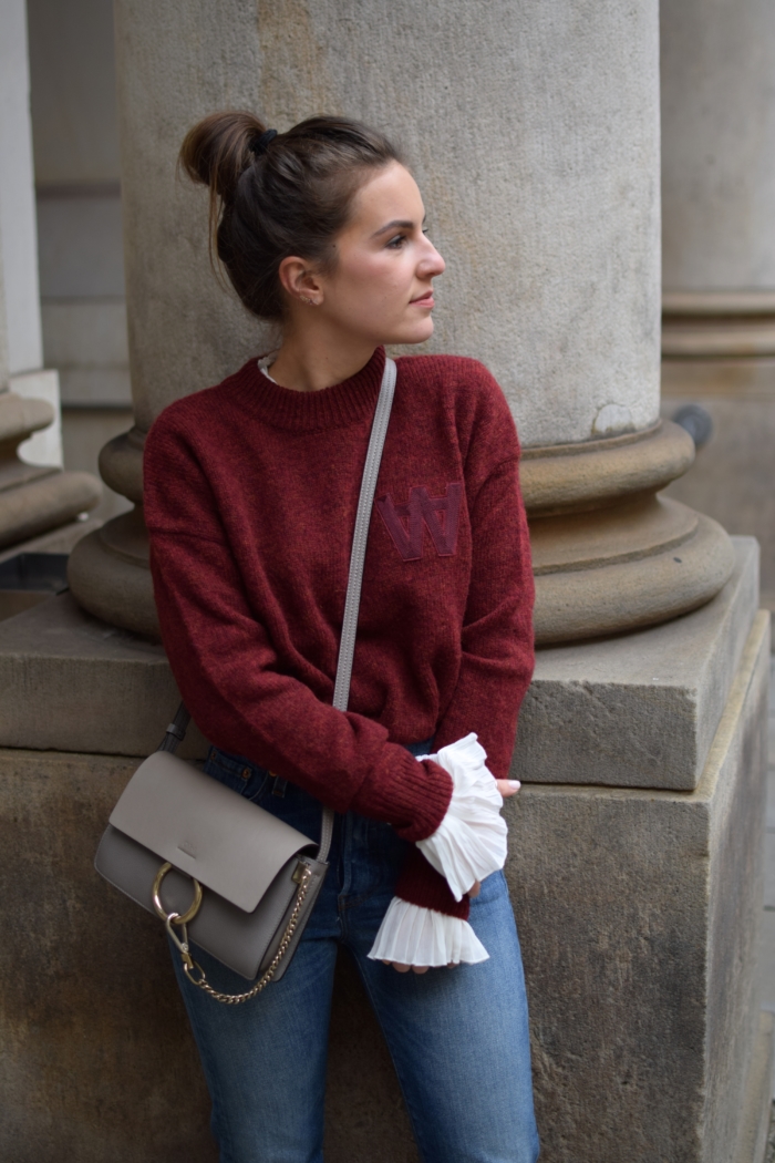 red sweater, white blouse, cloé bag