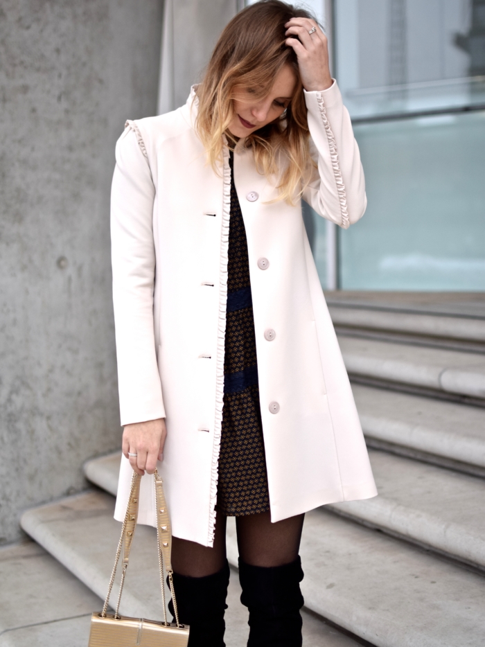 rose coat with ruffles, patterned dress, overknee boots