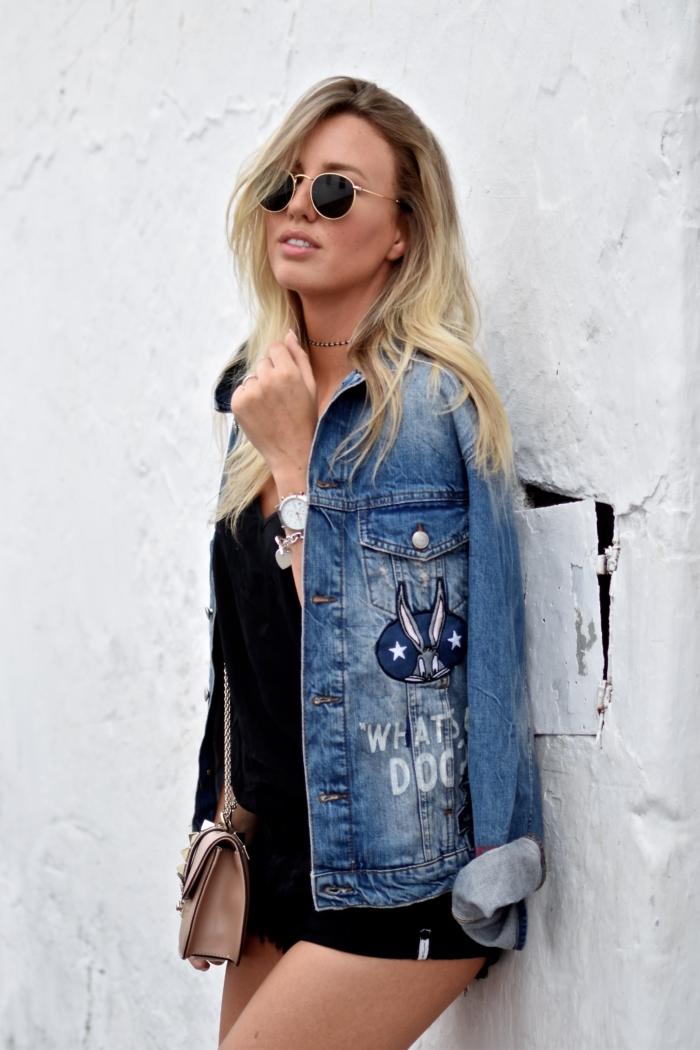 jeans coat, blonde, sunglasses, black shirt