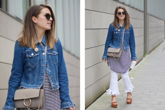 Collage, Jeansjacke, gestreiftes Shirt, weiße Jeanshose, Sonnenbrille