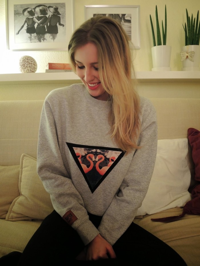 Grey pullover with flamingo logo