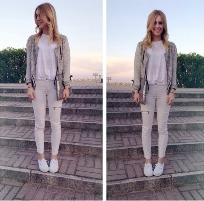 Grauer Blazer zu heller Hose