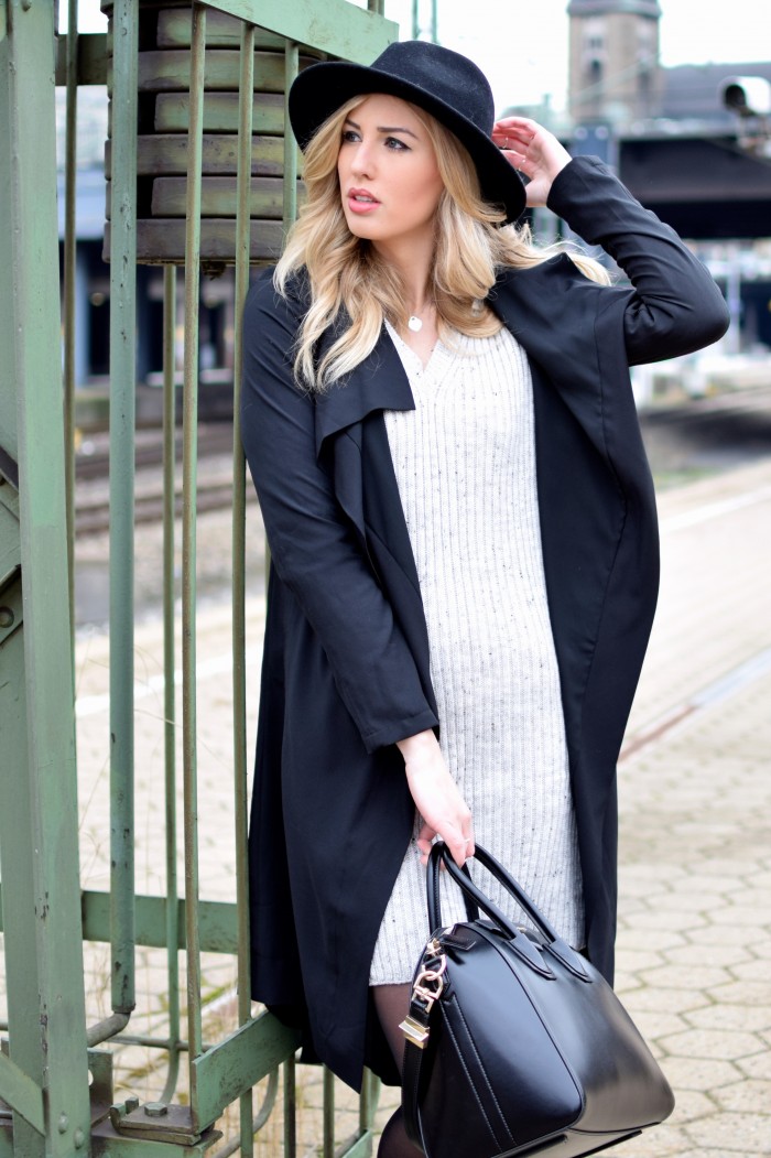 black hat and grey dress by Zara