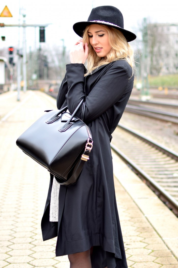 Black coat by Object and black bag by Givenchy